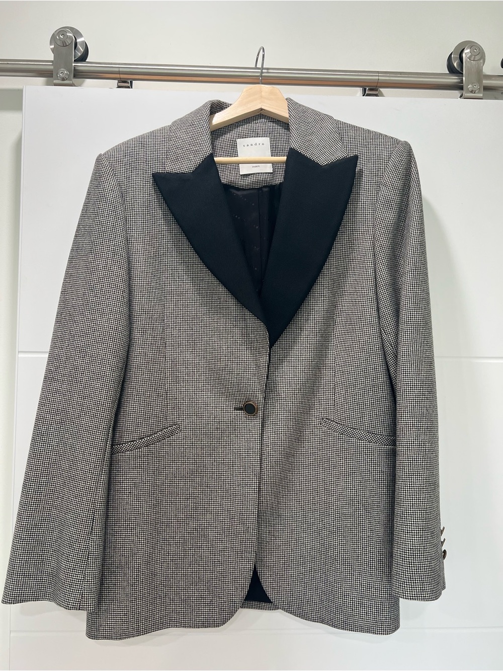 Sandro Black & Grey Houndstooth Blazer with Contrasting Black Peak Lapel